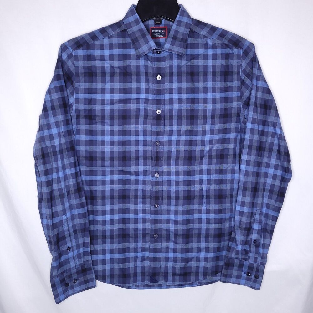 Untuckit Shirt Mens Medium Plaid Blue Slim Fit Wrinkle Free Walton 41160